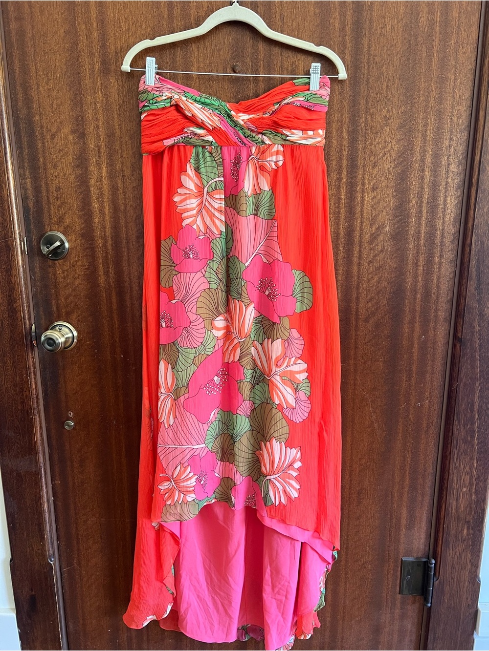 Tibi Coral and Pink Floral High-Low Strapless Skirt